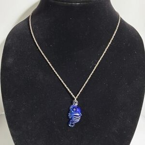 Hand-blown glass Seahorse pendant Silvertone necklace 19"